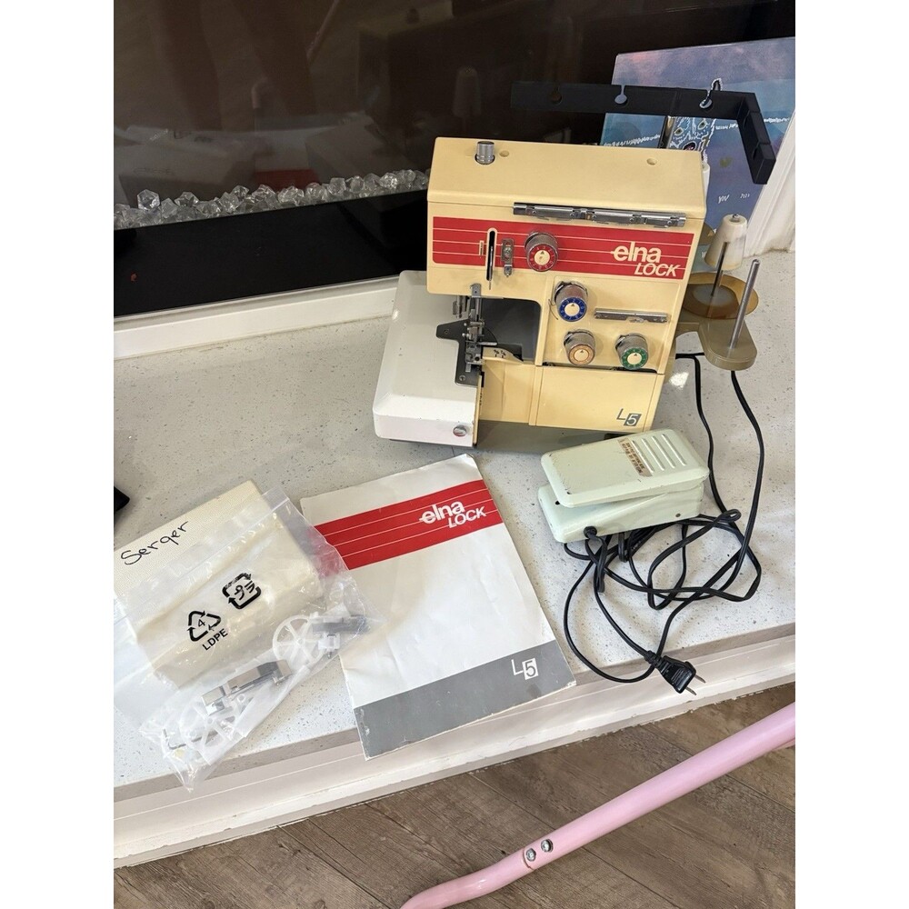 ELNA LOCK L5 Serger Sewing Machine Vintage w/ Pedal, Manual, Extra Presser Feet